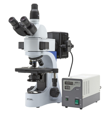 Microscopio Trinocular para Fluorescencia Hbo, Filtros Azul y Verde. Modelo B-383FL. Marca: OPTIKA        