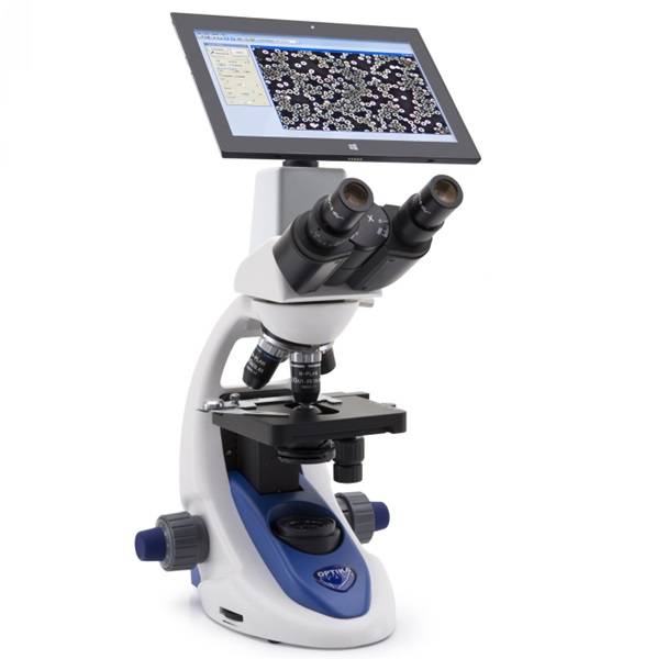 Microscopio binocular con tablet. Objetivos planos acromáticos e inmersión en agua y aceite. modelo B-190BT, Marca Optika