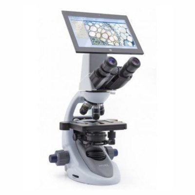 Microscopio binocular con tablet. Objetivos planos acromáticos e inmersión en agua y aceite. modelo B-290TB, Marca Optika