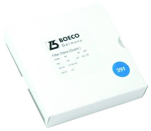Discos de papel de filtro, banda azul, filtración muy lenta. Caja x 100 unidades. Marca Boeco