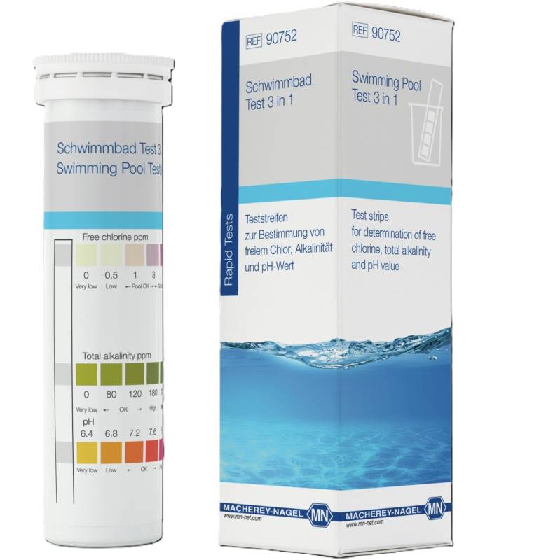 Tiras de ensayo semicuantitativo 3 en 1 (Cloro libre, Alcalinidad y pH), para piletas y piscinas, x 50u. Marca Macherey-Nagel